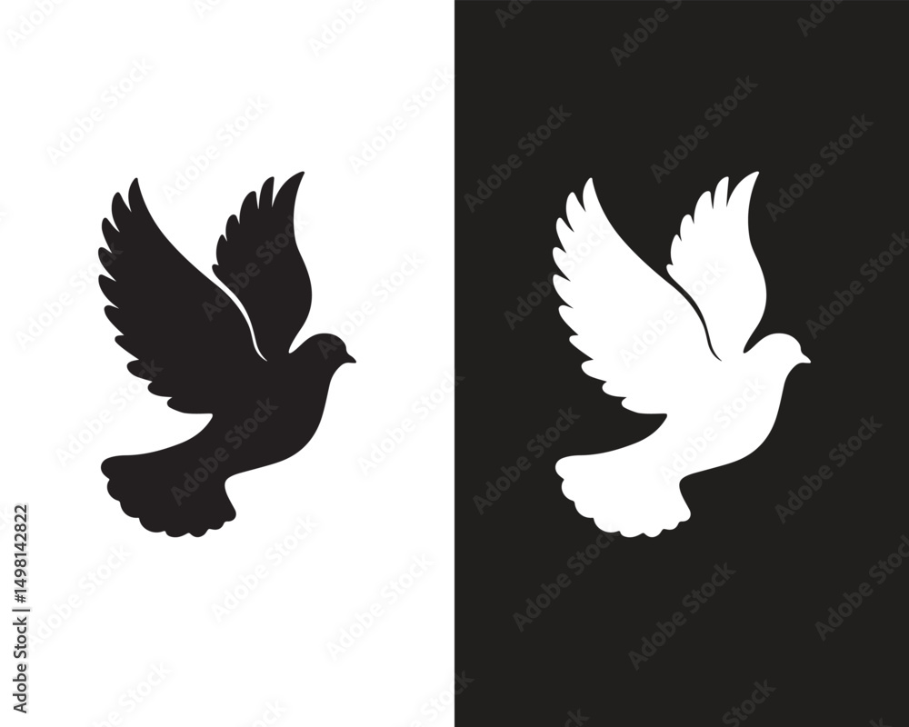 Obraz premium Black and White Flying Pigeon Silhouette Icon – Peace Symbol Bird Illustration on Split Background