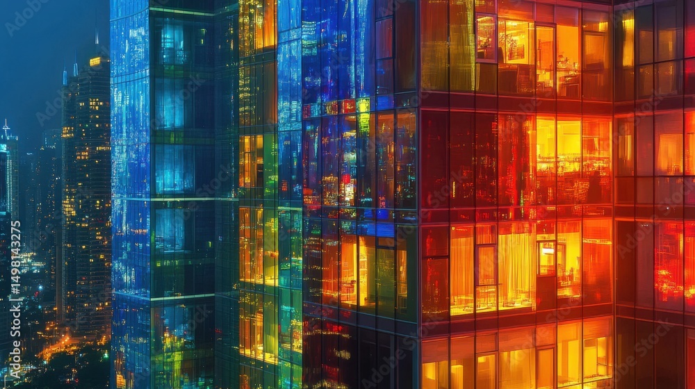 Naklejka premium Colorful Reflections in Urban Glass Buildings at Night