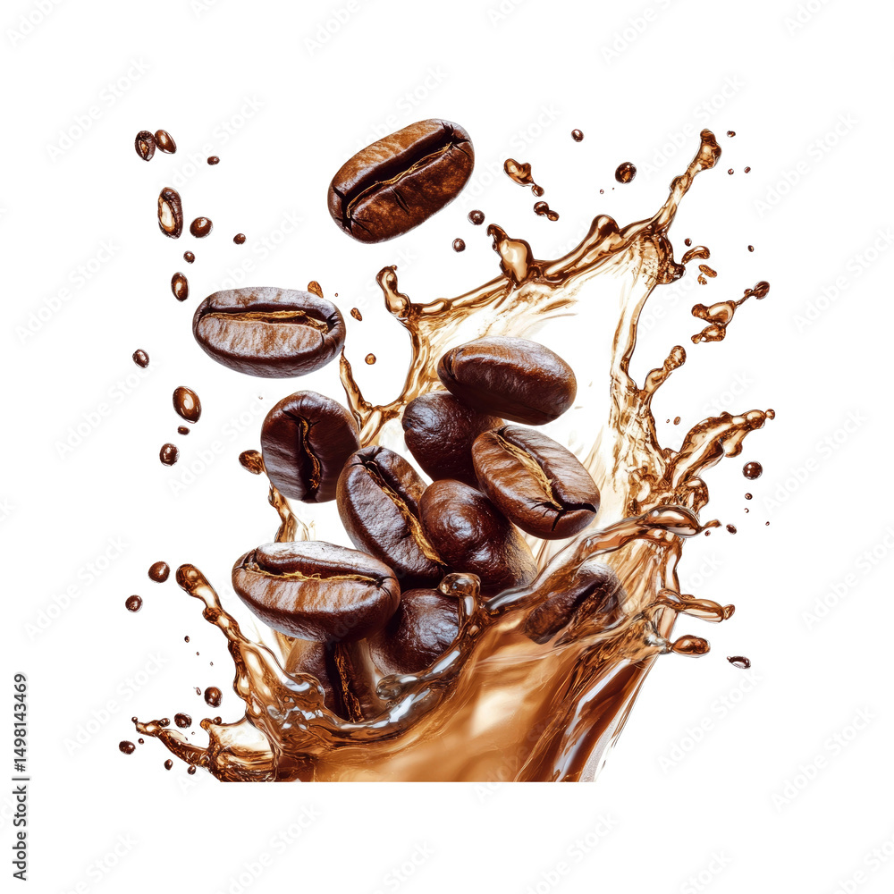 Fototapeta premium Coffee Beans Splashing in Brown Liquid - Energy Drink Concept