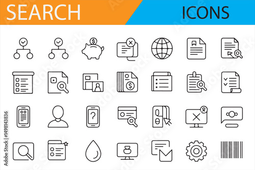 Web and Data Search Icons: Icons for Search Bar, File, Query, and Results