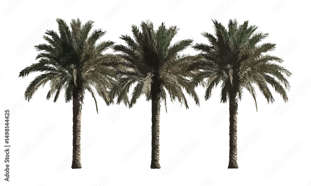 Obraz premium Summer palm trees vector illustration, tropical greenery, exotic plants, beach environment, sunny weather, tropical paradise, lush foliage, outdoor scenery, vacation destination, natural beauty.