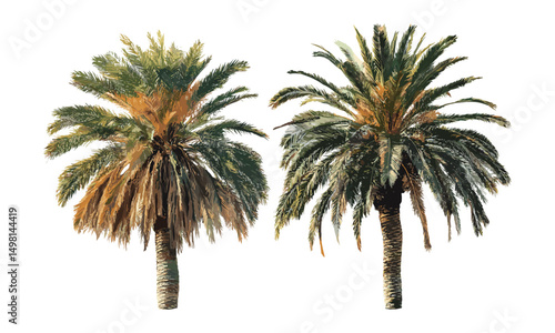 Palm trees summer cutout, vector illustration, tropical landscape, beach vacation, exotic nature, sunny sky, paradise scenery, coastal environment, tropical leaves, summer vibes.