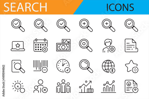 Data Search Icons: Clean Line Art Symbols for File, User, and Query Search