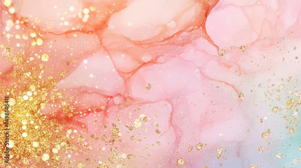 Fototapeta premium Abstract pink marble texture with gold glitter on pastel gradient background. Luxury fluid art design. Elegant decorative pattern. Wedding and celebration theme