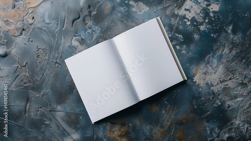 flat top view of Product catalog book on table,pages show blank layout,