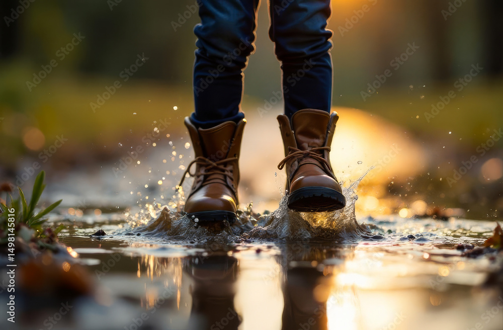A child jumps in puddles in shoes. A child jumps in puddles in shoes.