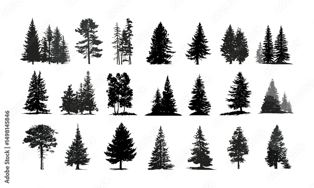 Obraz premium Woodland pine tree silhouettes, evergreen firs and spruces black shapes, vector illustration nature forest elements, outdoor trees pack, vintage tree art, white background, conifer collection.
