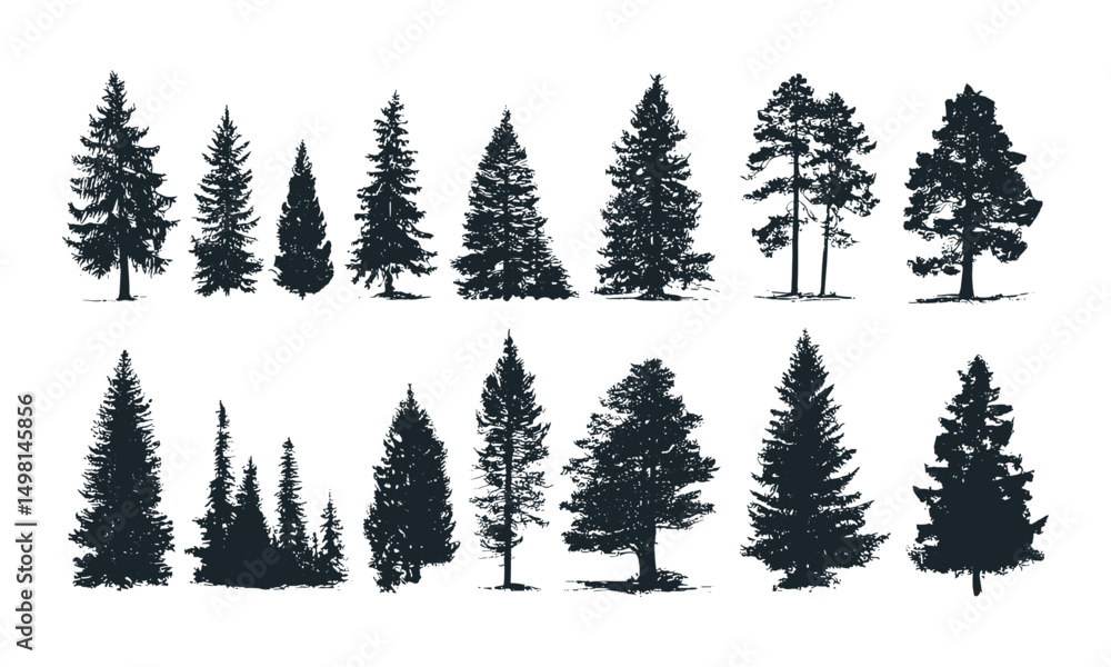Obraz premium Vector illustration of pine and fir tree silhouettes, evergreen woodland shapes, black spruce forest icons, nature tree elements, isolated trees collection, outdoor clipart, transparent background.