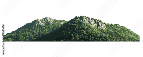 rocky hill with green forest, isolated mountain landscape, vector illustration, cutout, wilderness nature scene, pine trees slope, hiking backdrop, adventure terrain, scenic environment.