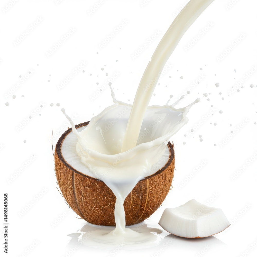 Milk pouring into coconut half isolated on white background Milk pouring into coconut half isolated on white background