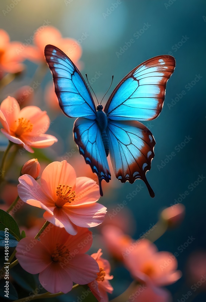 Blue butterfly landing softly on pink blooming flowers high resolution image Blue butterfly landing softly on pink blooming flowers high resolution image