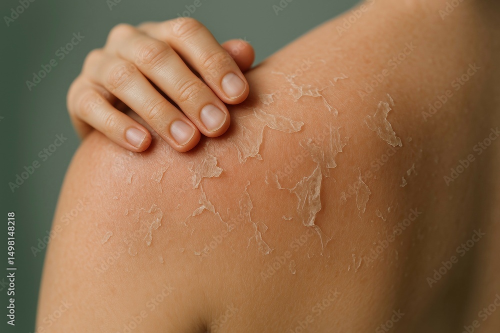 Fototapeta premium Close-up of peeling skin on shoulder after sunburn with hand gently touching, highlighting skin damage and need for care and hydration
