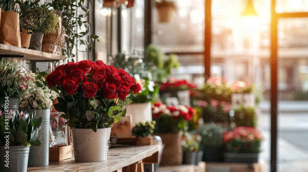 A stunning arrangement of vibrant red roses sits on a rustic wooden table within a bright and sunny flower shop interior setting. A stunning arrangement of vibrant red roses sits on a rustic wooden table within a bright and sunny flower shop interior setting.