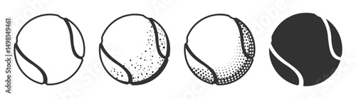 Tennis Ball Icon Set. Flat Style and Color Variations. Black and White Vector Illustration Isolated on Transparent Background