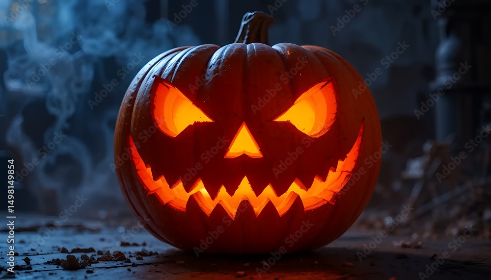 Glowing Jack-o'-Lantern with Menacing Expression and Smoky Background for Halloween Glowing Jack-o'-Lantern with Menacing Expression and Smoky Background for Halloween
