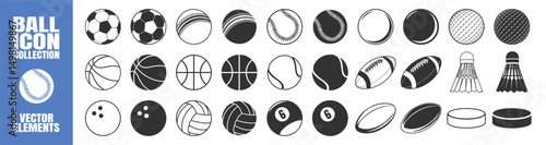 Sport Ball Icon Set. Vector Stickers of Soccer, Basketball, Tennis, Baseball, Volleyball, Golf, Rugby, Hockey Puck, Bowling, Shuttlecock. Isolated on Transparent Background