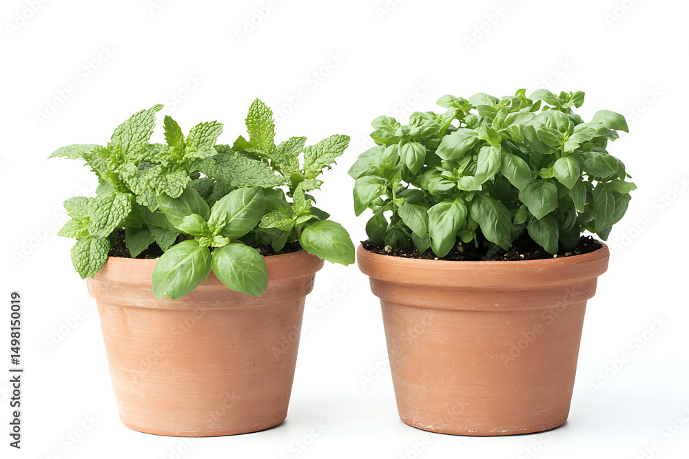 Fresh basil herb plant growing in a white pot isolated on white background Fresh basil herb plant growing in a white pot isolated on white background