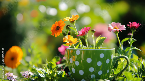 Retro-style green cup with polka dots paired with colorful flowers








