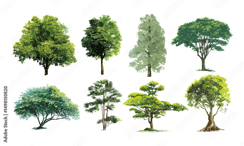 Fototapeta premium Collection of tree designs, vector illustration, natural elements, forest silhouettes, landscape icons, eco-friendly nature graphics, garden scenery, seasonal foliage shapes.