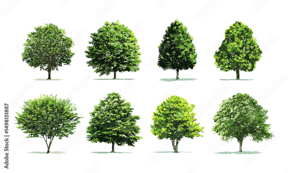 Fototapeta premium Isolated green tree set on white background for landscape architecture, urban design, vector illustration, outdoor environment, garden planning, botanical design, eco-friendly concepts.