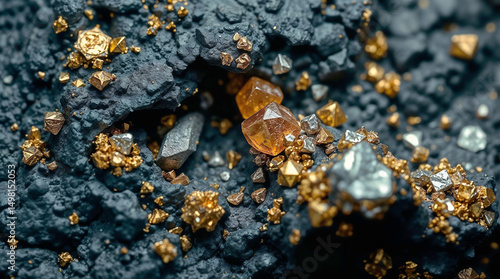 gold and silver crystals embedded in dark textured rock.  Realistic lighting, high depth of field, extreme close-up, sharp focus on shimmering minerals