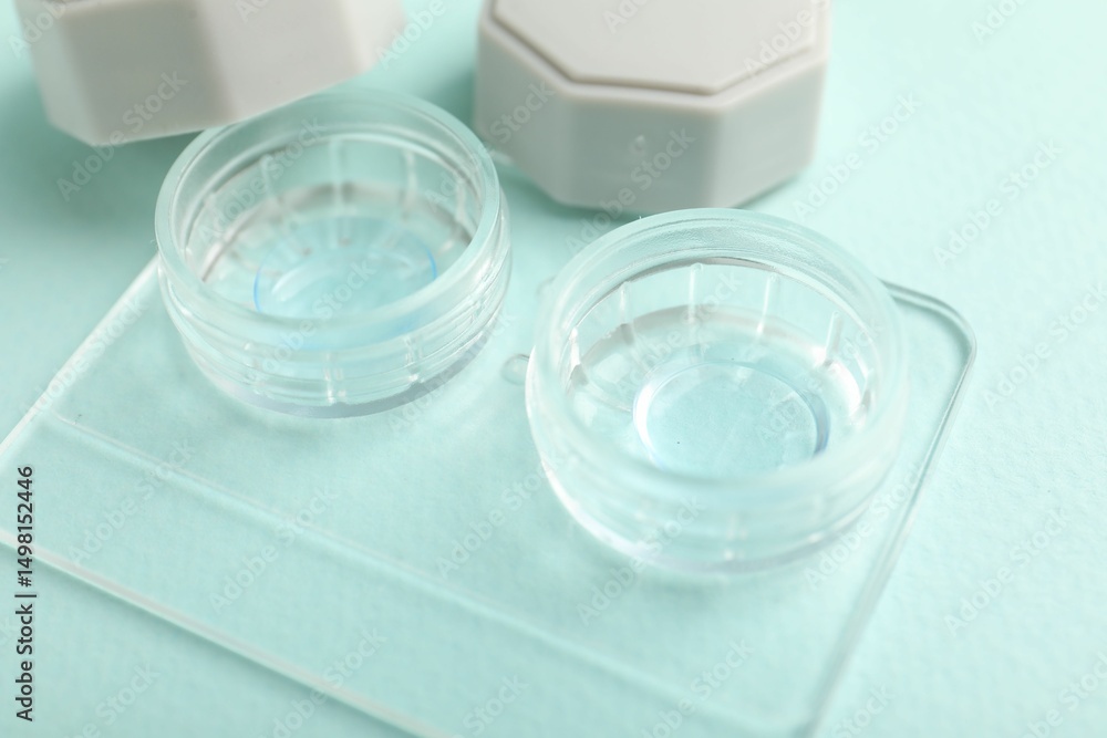Contact lenses in case on light turquoise background, closeup Contact lenses in case on light turquoise background, closeup