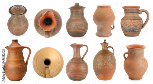 Obraz na plátně Collection of clay jugs and vases of different shapes isolated on white