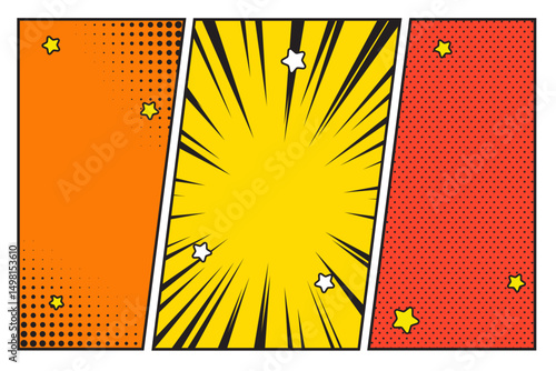Comic book 3 panels, storyboard style pop art, frame retro cartoon