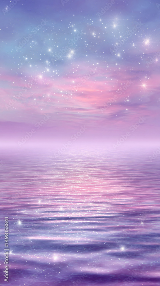 Obraz premium Water Sea Calm Serene Sunset Violet Pink Lilac Horizon Sky Stars Reflection Nature Outdoors Tranquil Twilight Dreamy Mystical Ocean Bluish Clouds Light Beauty Landscape Waves Colorful Dusk Atmosphere