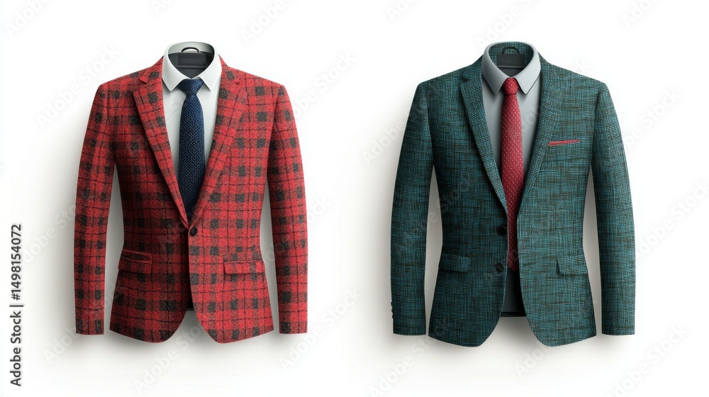 Pair of stylish mens blazers displayed featuring unique patterns and complementary shirts ties. Pair of stylish mens blazers displayed featuring unique patterns and complementary shirts ties.