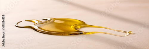  Olive oil pouring on a wooden surface, creating a puddle with reflections and ripples, close-up shot, warm lighting, food photography