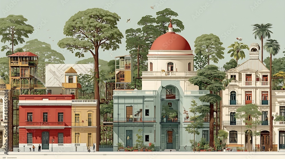 Obraz premium Curated ensemble of cultural landmarks showcasing transitional architectural forms regional vernacular styles and heritage conservation overlays