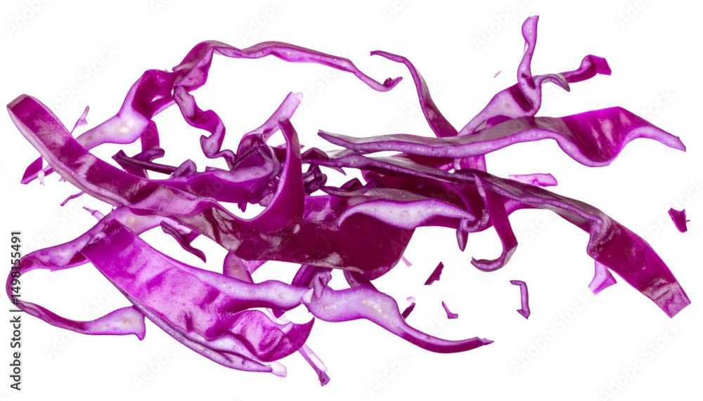 Fototapeta premium Dynamic Motion of Red Cabbage Shreds on Transparent Background