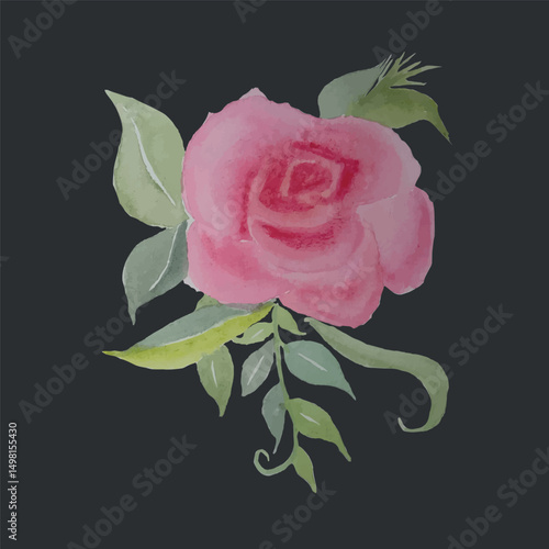 Pink rose watercolor card green leaves, on black stock vector illustration for web, for print