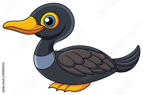 Cartoon Cute Duckling with Yellow Beak and Feet, Black Plumage, and Big Blue Eyes