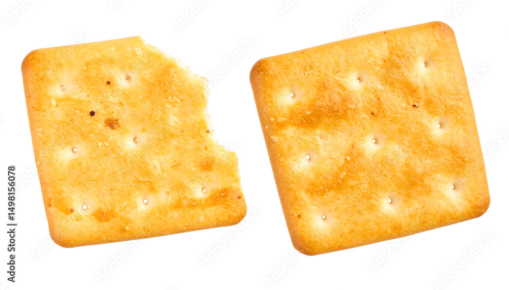 Fototapeta premium Two salty crackers, one bitten, isolated on transparent background