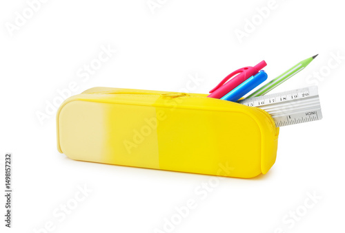 Fotografie Different stationery in pencil case isolated on white