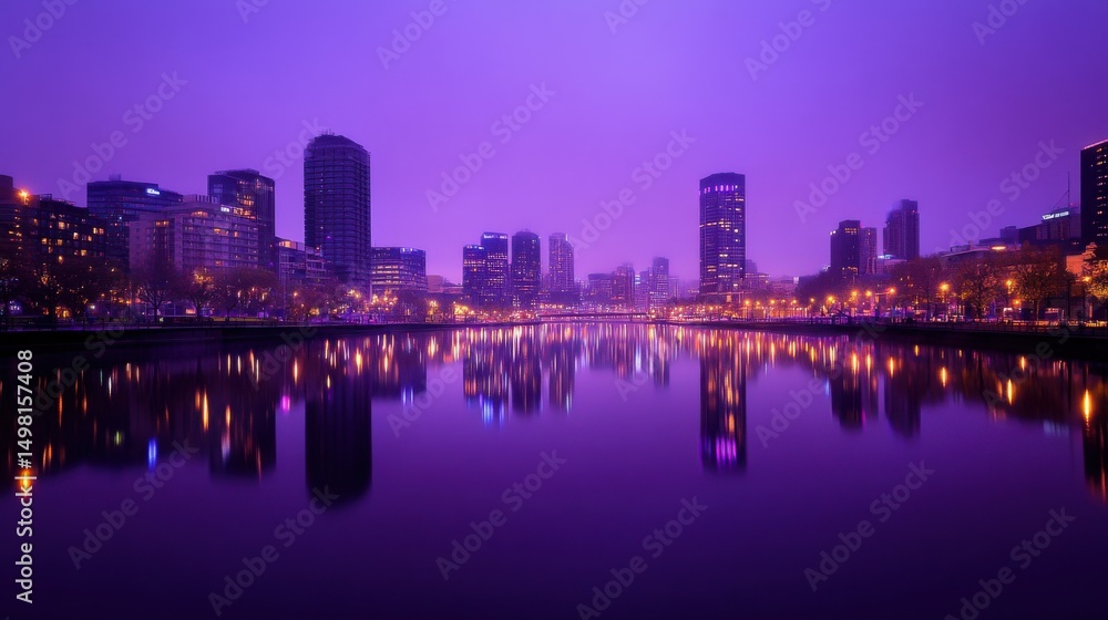 Fototapeta premium Vibrant Cityscape Reflection at Twilight Over Serene Water Surface