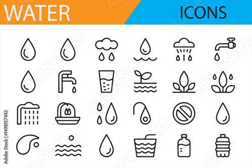 Minimal Water Icons Set: Droplets, Faucet, Rain, and Sustainability Symbols