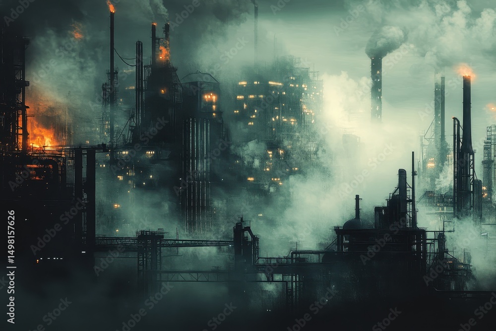 Obraz premium Industrial steampunk cityscape filled with heavy machinery and smokestacks at twilight, Industrial Steampunk Cityscape with Heavy Machinery and Fog