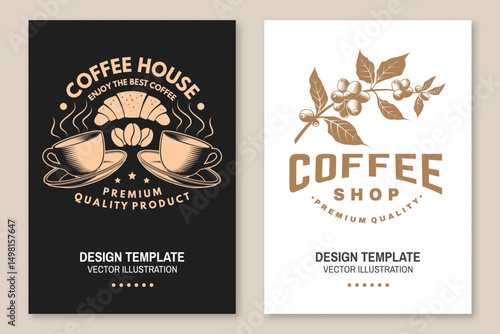 Set of Restaurant and Coffee shop flyer, poster, banner design. Vector. Concept for cafe and restaurant logo, brand, label with coffee beans, cup, croissant, branch of coffee tree. International