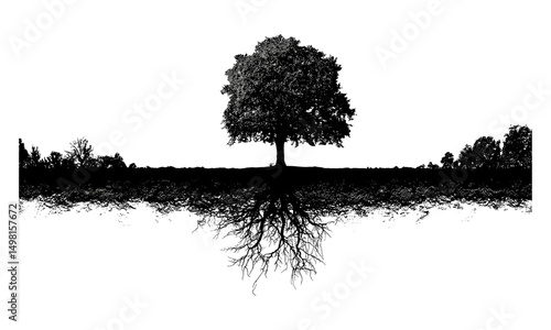 Black white silhouette of tree with roots vector illustration, ecology symbol, sustainable growth design, forest ecosystem graphic, natural balance icon, organic shape cutout.