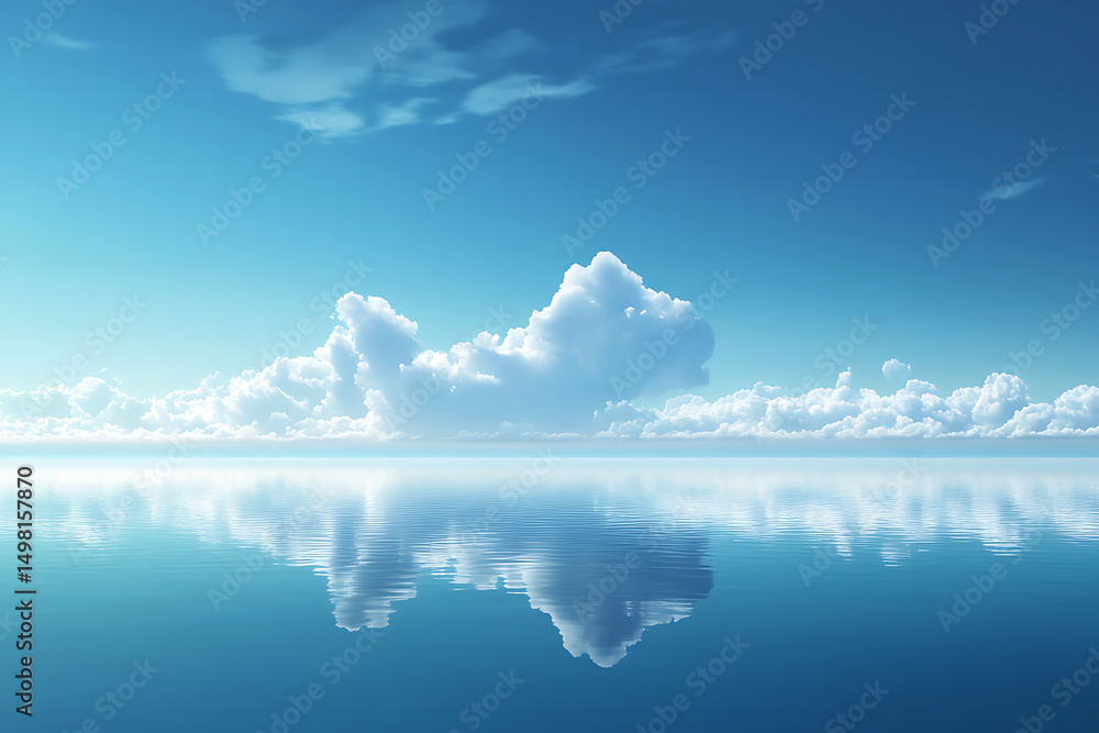 Fototapeta premium A vibrant digital painting of a vast, tranquil expanse of blue sky, perfectly reflected in a mirror-like calm sea, evoking serenity and peace.