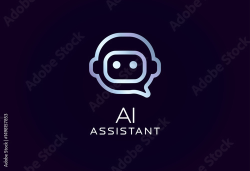 AI assistant logo with robot face in speech bubble shape, glowing futuristic lines. Ideal for chatbots, digital helpers, smart support tools, tech branding. Vector illustration.