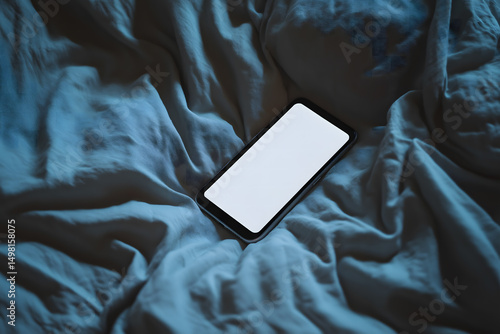 Soft glow of a smartphone on cozy, crumpled bed sheets at night