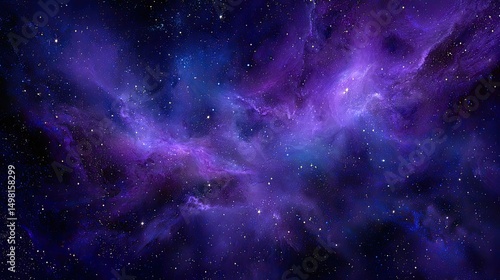 A cosmic purple and blue galaxy background with swirling nebulas and stars, vibrant design