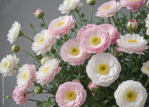 Delicate pink & white ranunculus blossoms, vibrant spring blooms , white, light
