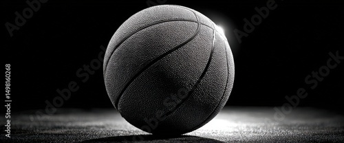 Black and white image of a basketball on a court.