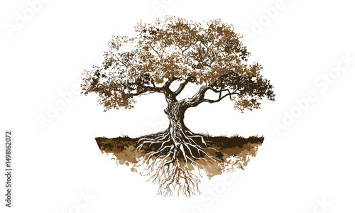 Abstract tree with round foliage, exposed roots, vector illustration, eco theme, nature symbol, leafy design, botanical shape, isolated on white, sustainability, cutout.