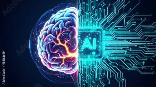 A digital brain connected to an AI chip with blue circuit patterns on a dark blue background, Artificial Intelligence